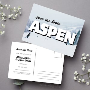 Cartolina salva la data - personalizzabile, retrò Unisciti a noi nella cartolina Aspen, matrimonio di destinazione in Colorado, modello personalizzato modificabile fai da te
