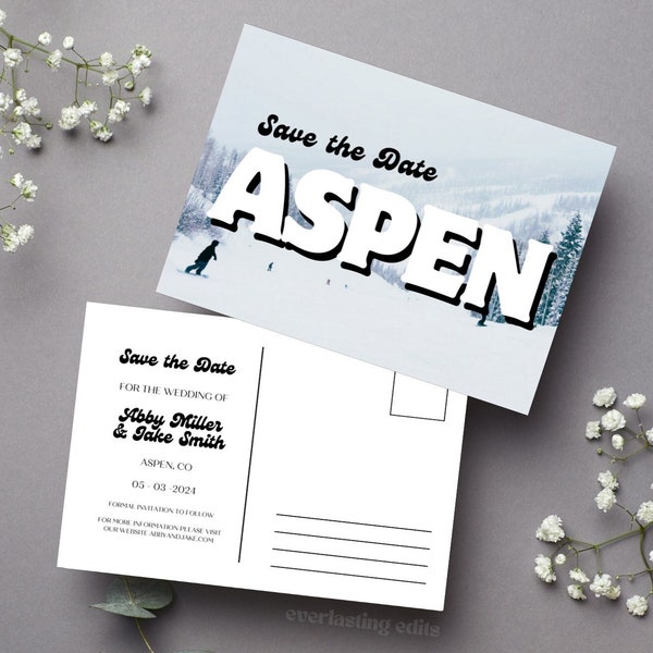 Save the Date Postcard - Personalizable, Retro Join us in Aspen Postcard, Colorado Destination Wedding, DIY Editable Custom Template