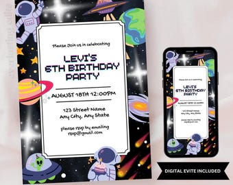Outer Space Birthday Invitation – Galaxy Party Template, Editable Canva Evite (Printable Instant Download)