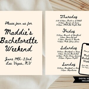 Invitación sencilla para despedida de soltera (incluye itinerario): plantilla imprimible y editable o digital para iPhone Evite, diseño minimalista cursivo