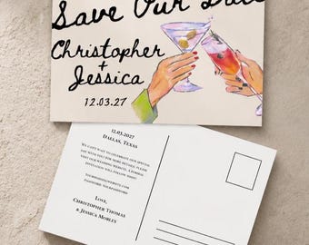 Wedding Save the Date Postcard – Cheers Illustration, DIY Printable Template (Instant Digital Download)