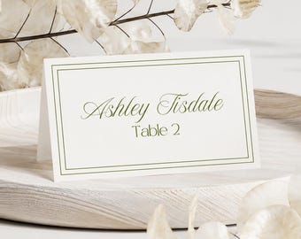 Printable Modern Wedding Place Card - Green Classic Cursive Name Tent (DIY Customizable Template)