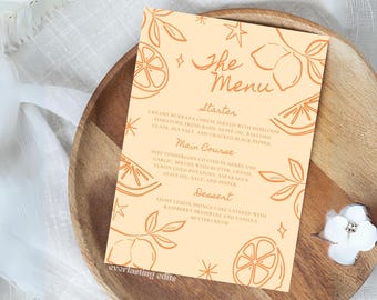 Citrus Wedding Menu - Orange Lemon Hand Drawn Art, DIY Customizable Template (Instant Digital Download)
