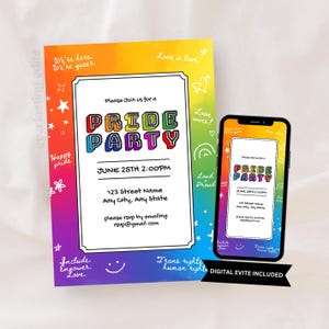 May include: A rectangular Pride party invitation card and a smartphone displaying the same digital invitation. Both feature a rainbow gradient background with white hand-drawn doodles, text reading PRIDE PARTY, June 25th 2:00PM, and event details.