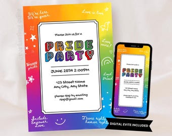 Pride Month Party Invite – LGBTQ Parade, Rainbow Hand Drawn Design (DIY Custom Template)