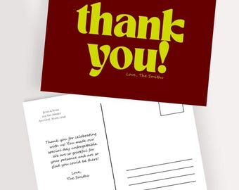 Retro Thank You Postcard - Chartreuse & Burgundy, Customizable Card, DIY Editable Template (Digital Download)