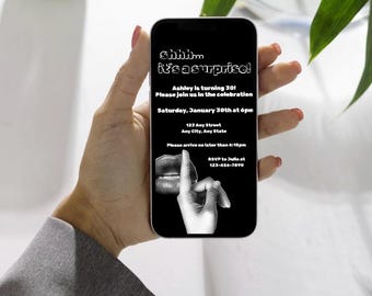 Surprise Party Evite - Shhhh Black & White Design, DIY Editable Template (Instant Digital Download)