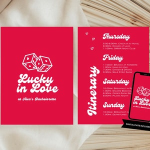 Las Vegas Bachelorette Party Invitation includes Itinerary - Printable Editable Template or Digital iPhone Evite, Lucky in Love, Casino Bach