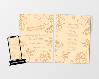 Citrus Bachelorette Party Invitation & Itinerary - Orange Lemon Hand Drawn, DIY Editable Template (Instant Digital Download)