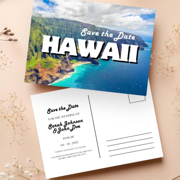 Hawaii Save the Date Postcard – Retro Destination Wedding (DIY Editable, Printable)