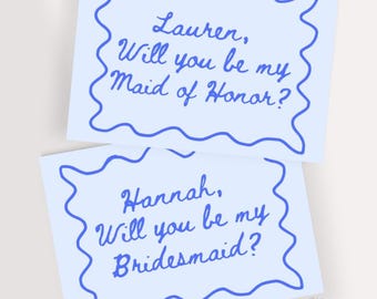 Bridesmaid Proposal Card – Wavy Border, Blue Cursive Name (Personalizable Printable Template)