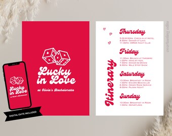 Las Vegas Bachelorette Party Invitation includes Itinerary - Printable Editable Template or Digital iPhone Evite, Lucky in Love, Casino Bach