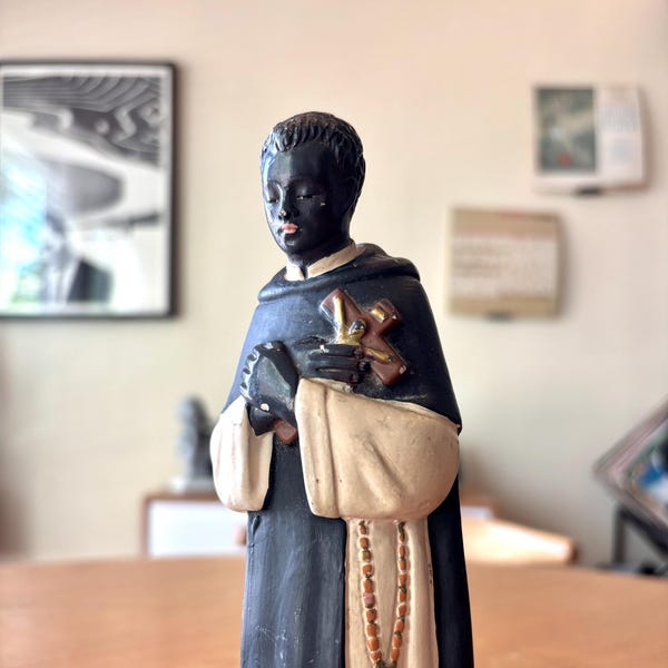Vintage Italian St. Martin de Porres Statue: Hand-Painted Chalkware Religious Figurine