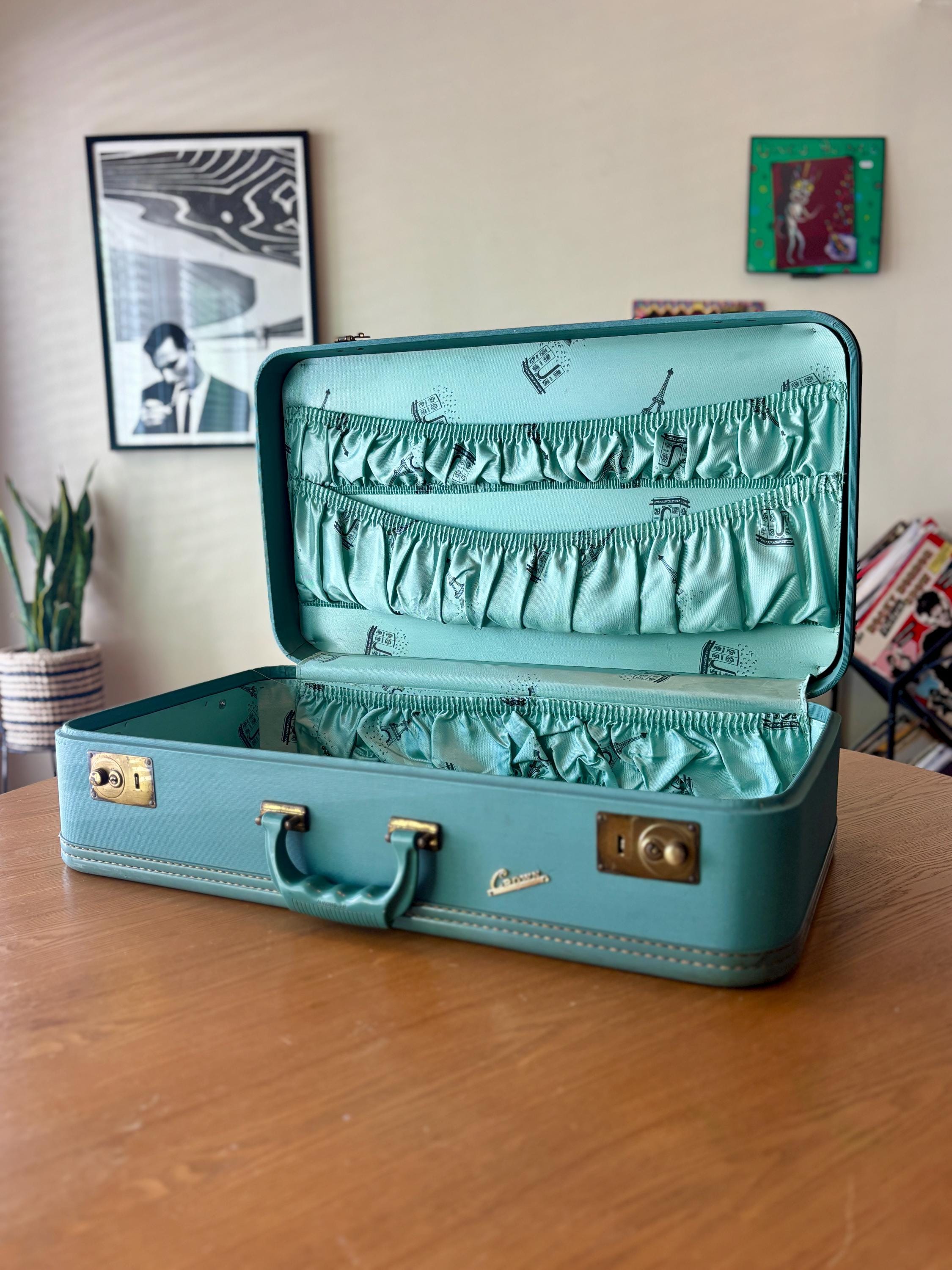 Vintage Crown Turquoise Suitcase – Mid-century Travel Luggage With