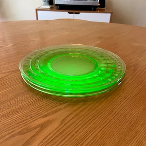 3 Vaseline Uranium Glass Saucers in Optical Block Pattern, Vintage