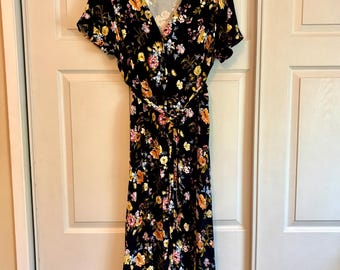 LOFT Plus Size 16 Floral Wrap Midi Dress | Blue Rayon