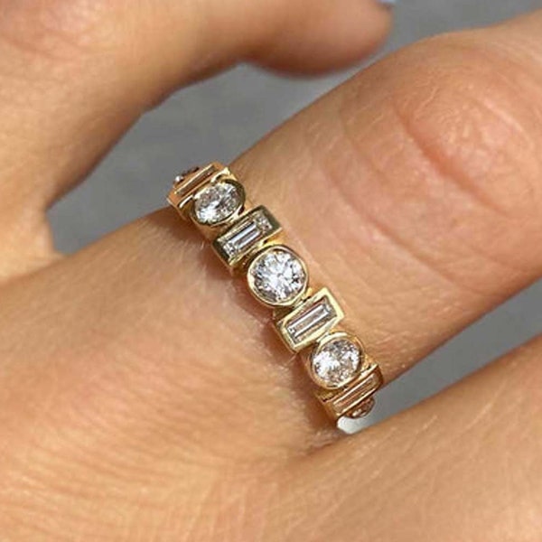Bezel Set Moissanite Band Half Eternity Wedding Band 0.80 CTW Round & Baguette Ring Baguette Diamond Ring 14k Yellow Gold Engagement Ring