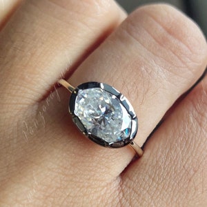 East West Rhodium Bezel Set Moissanite Ring Solitaire Proposal Ring 10*8mm Oval Cut Moissanite Engagement Ring Wedding Anniversary Gifts Her