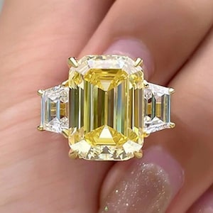 Huge Emerald Cut Yellow Diamond Ring Canary Yellow Diamond Engagement Ring 12*10 mm Three Stone Wedding Ring 14k Yellow Gold Cluster Ring