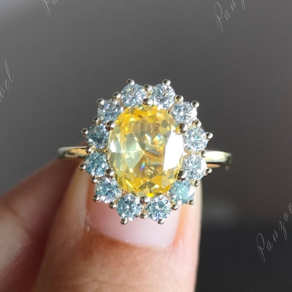 Anillo de compromiso ovalado amarillo canario, anillo nupcial con halo, anillo de bodas con diamante de laboratorio amarillo de corte ovalado de 2 quilates, anillo de promesa de oro macizo de 14 k, anillo de propuesta