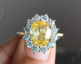 Canary Yellow Oval Engagement Ring Halo Bridal Ring 2CTW Oval Cut Yellow Lab Diamond Wedding Ring 14k Solid Gold Promise Ring Proposal Ring