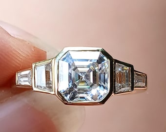 Anillo de diamante cultivado en laboratorio con talla Asscher / Anillo de compromiso solitario de 1,50 ct con engaste biselado / Anillo de promesa minimalista