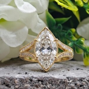 Marquise Cut Lab Grown Diamond Ring | Split Shank Engagement Ring | 14K Gold Luxury E VS Bridal Ring for Her