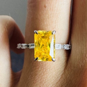 Canary Yellow Diamond Ring CZ Baguette Diamond Ring Cluster Wedding Ring 2.0 CTW Radiant Cut Yellow Diamond Engagement Ring 18k White Gold