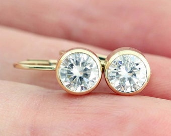 Bezel Set Dainty Moissanite Earring Leverback Solitaire Earring 6 mm Each White Round Cut Moissanite Earring 14k Yellow Gold Diamond Earring