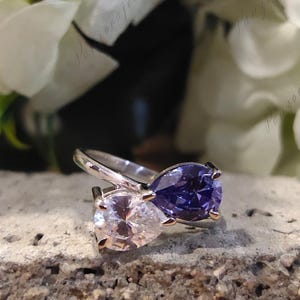 Toi Et Moi White & Blue Sapphire Ring 2.50 Carat Pear Cut Cubic Zirconia Diamond Engagement Ring Double Pear Cut 2 Stone Wedding Ring VVS1