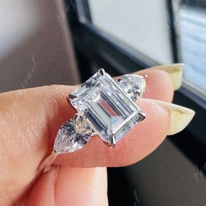 Emerald Cut Moissanite Ring Emerald Cut Engagement Ring 8*6 mm White Emerald Cut Diamond Ring 18k White Gold Wedding Ring Three Stone Ring