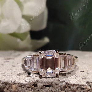 Channel Set Baguette Diamond Ring 2ct Emerald Cut Moissanite Engagement Ring 18k Gold Eternity Band Art Deco Style Anniversary Gifts For Her