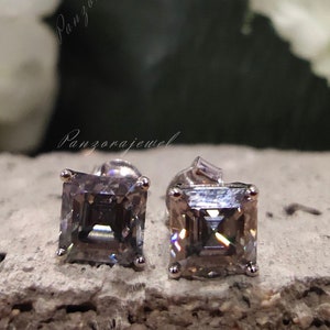 Gray Moissanite Stud Earrings 6 mm Each Asscher Cut Moissanite Stud Earrings Square Diamond Earrings 18k Gold Solitaire Push Back Earrings