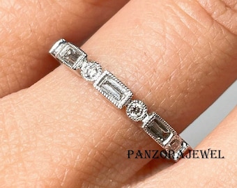 Baguette Wedding Band Moissanite Baguette Ring Full Eternity Engagement Ring 1 Ct Round And Baguette Band Bezel Set Unique Anniversary Band