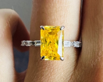 Canary Yellow Diamond Ring CZ Baguette Diamond Ring Cluster Wedding Ring 2.0 CTW Radiant Cut Yellow Diamond Engagement Ring 14k Yellow Gold