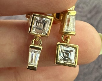 Mismatched Asscher & Baguette Diamond Earring Bezel Set Earring 5.5 mm Each Asscher Moissanite Earring Two Stone Dainty Push Back Earring