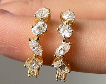 Five Stone Moissanite Huggies Earrings 3.0 CTW Multi Shape Moissanite Earring Small Hoop Moissanite Earrings 18k Gold Earring For Women&#39;s