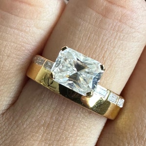 East West Radiant Moissanite Ring Thick Wedding Band 9*7mm Radiant Cut Moissanite Ring Baguette Engagement Ring 14k Yellow Gold Diamond Ring