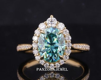 Blue Green Moissanite Ring Cluster Halo Wedding Ring Blue Moissanite Engagement Ring 1.76 CTW Oval Cut Moissanite Ring 14k Gold Propose Ring