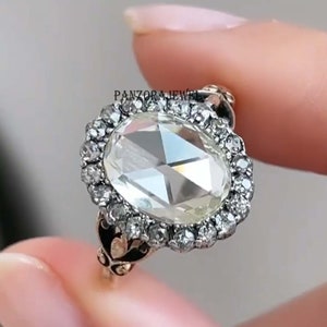 9x7mm Oval Rose Cut Moissanite Ring | Vintage Halo Engagement Ring | Two Tone Gold Antique Wedding Ring