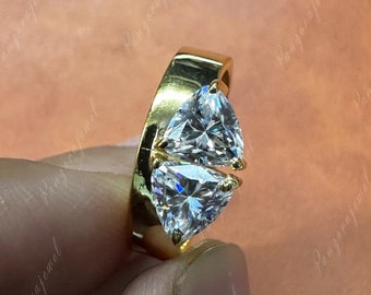 Toi Et Moi Moissanite Ring | 2 TWC Trillion Cut Ring | Two Stone Engagement Ring | 14K Yellow Gold Wedding Ring | Unique Bridal Ring