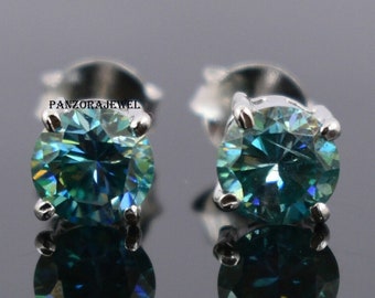 Blue Green Moissanite Earrings Round Cut Stud Earrings 6 mm Round Cut Blue Moissanite Stud Earrings 18k Gold Bridal Earrings For Woman Gifts