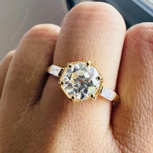Hexagon Bezel Set Moissanite Ring Old Mine Cut Wedding Diamond Ring Old European Cut Moissanite Ring 8 mm Round Cut Antique Engagement Ring