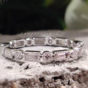 Baguette Wedding Band 1CT Round and Baguette Cut Moissanite Band Full Eternity Engagement Ring Milgrain Bezel Set Anniversary Band For Women