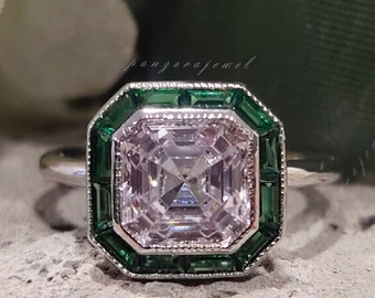 Moissanit-Ring im Asscher-Schliff | Verlobungsring mit 2,30 Karat | Ring mit grünem Baguette-Akzent | 18-karätiger Gold-Ehering – das perfekte Geschenk für Sie
