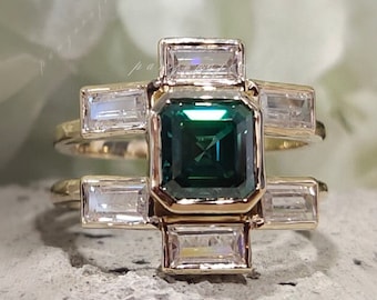 Emerald Asscher Cut Moissanite Engagement Ring, Baguette Diamond Cluster