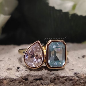 Aquamarine Diamond Ring 3ct Pear & Emerald Cut Wedding Ring Toi Et Moi Bezel Set Ring 18k Gold Blue and White Engagement Ring Gift For Her