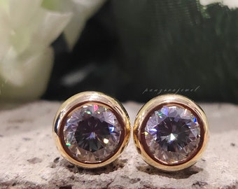 Gray Moissanite Stud Earrings | Bezel Set Round Cut Push Back Earrings | 18K Gold Birthday Gift for Her