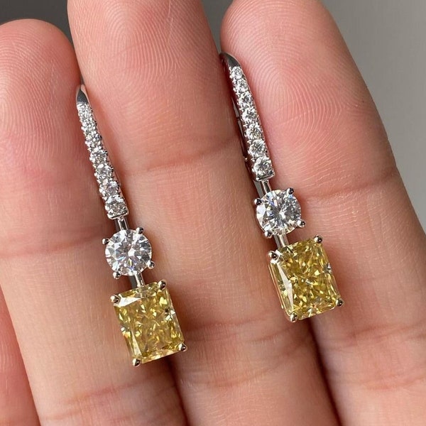 Canary Yellow Sapphire Dangle Earrings | 4.0 CTW Radiant Cut Leverback Earrings | 18K Gold Wedding Gift