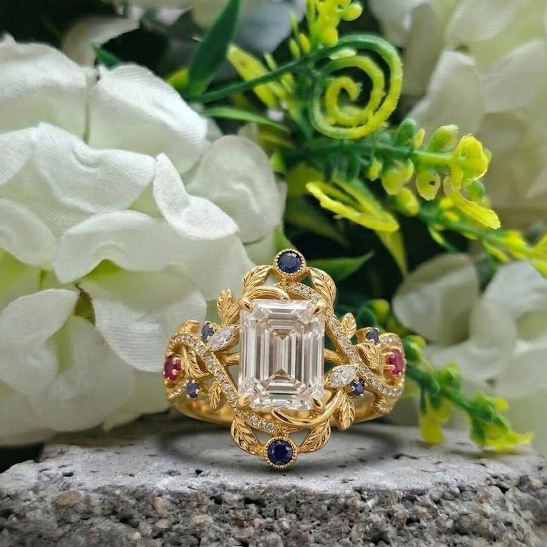 Nature Inspired Emerald Cut Lab Diamond Ring | Leaf & Petal Engagement ...